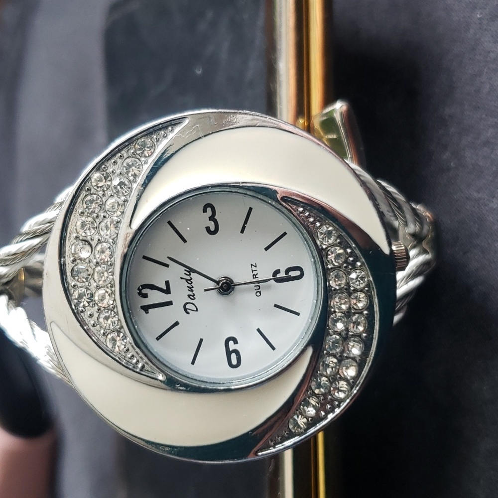 Vintage Dandy Quartz Silvertone Bracelet/Watch With Rhinestones.